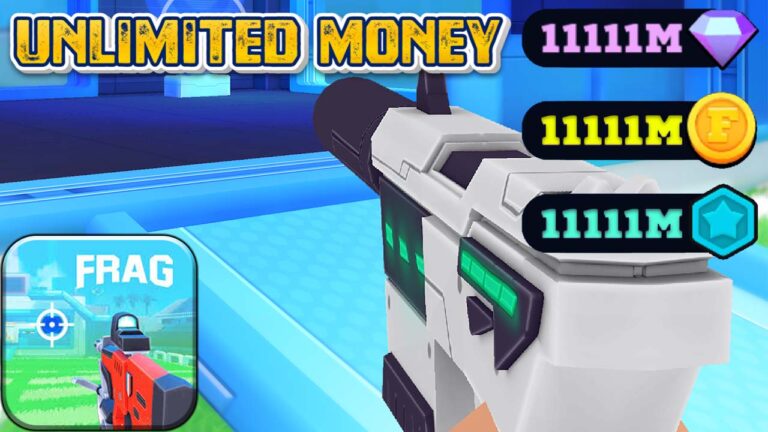 Image showcasing unlimited coins and gems in FRAG Pro Shooter