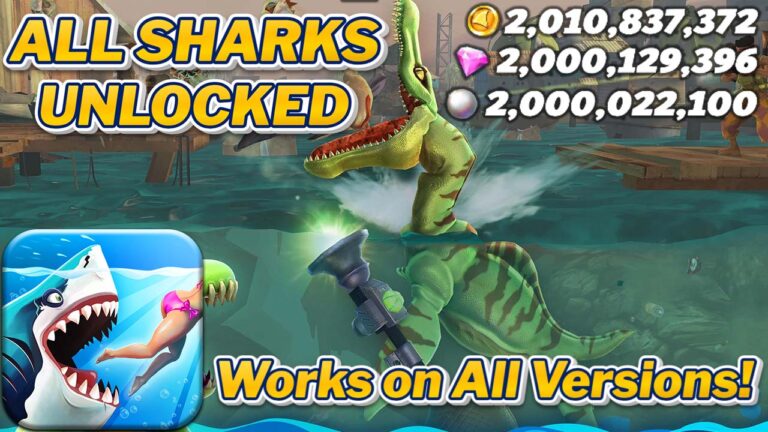 Step-by-step guide to unlock unlimited coins, gems, and pearls in Hungry Shark World and unlock all sharks.