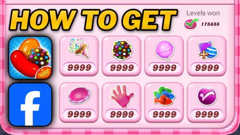 Candy Crush Saga with unlimited boosters and all levels unlocked, featuring a vibrant gameplay background.