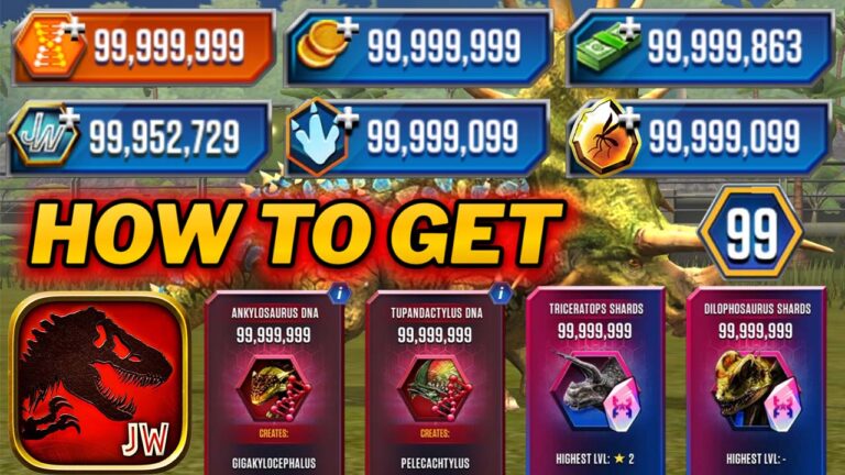Jurassic World: The Game interface showing unlimited coins, DNA, food, and Amber resources