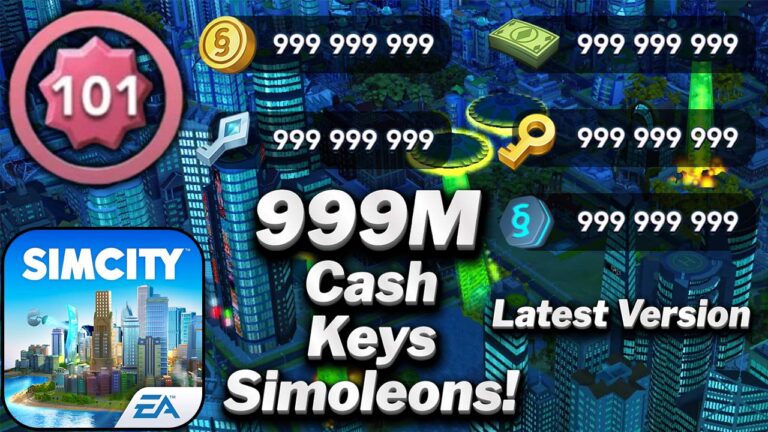 SimCity BuildIt city skyline with unlimited Simoleons, SimCash, and keys