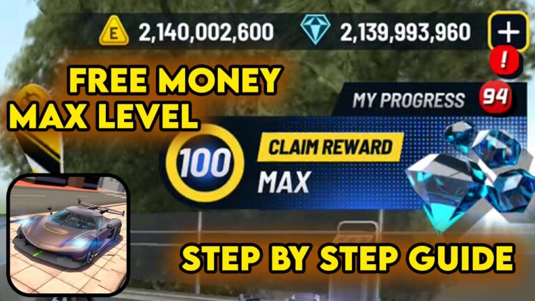 Gameplay screenshot showing Unlimited Money and Max Level 100 in Extreme Car Driving Simulator