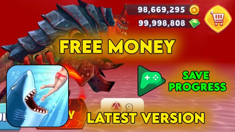 Hungry Shark Evolution gameplay showing unlimited coins and gems resources