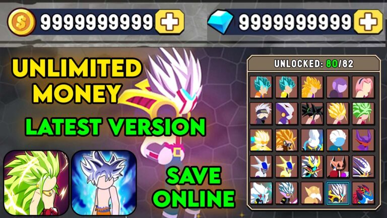 Stickman Warriors game showing unlimited coins and gems