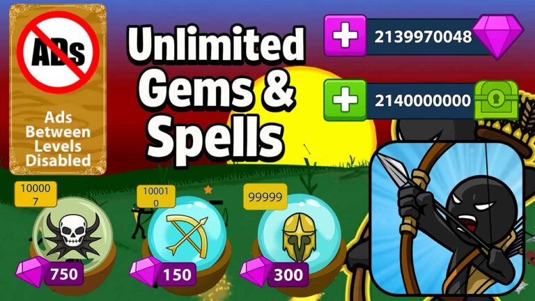 Stick War Legacy unlimited gems and spells guide — screenshot of in-game spells and gem icon