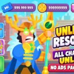 Bowmasters thumbnail featuring Ice King, character cards, resource counters, and text highlighting unlimited resources, all characters unlocked, and the No Ads Pack.