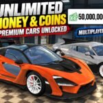 Car Parking Multiplayer thumbnail featuring orange and silver sports cars, Money and Coins balances, and text highlighting premium car unlocks, multiplayer, and online saving.