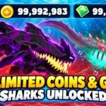 Hungry Shark Evolution featured image showing two sharks, Coins and Gems balances, and text highlighting unlimited currencies and unlocked Sharks.
