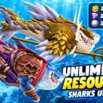 Hungry Shark World featured image showing Sharchangel and Sharkmurai, large resource balances, and text highlighting unlimited resources and unlocked Sharks.