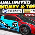 Rally Fury thumbnail featuring a customized red, cyan, and black car, currency balances, and text highlighting Unlimited Money and Tokens, No Ads Pack, and multiplayer.