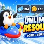 Sled Surfers thumbnail with a penguin riding a blue sled, resource cards, and “Unlimited Resources” and “Coins • Gems • Tickets” text.