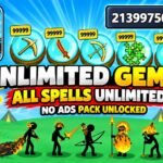 Stick War: Legacy thumbnail with fiery stick units, Gems and spell icons, and text reading “Unlimited Gems,” “All Spells Unlimited,” and “No Ads Pack Unlocked.”