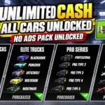 Stock Car Racing thumbnail showing vehicle collections, a Cash counter, and “Unlimited Cash,” “All Cars Unlocked,” and “No Ads Pack Unlocked” text.