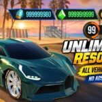 Stunt Car Extreme thumbnail showing a teal sports car, resource counters, and text highlighting unlimited resources, all vehicles unlocked, No Ads Pack, and Level 99.