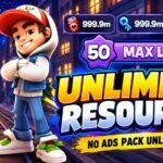 Subway Surfers City thumbnail showing Jake, Revives, Keys, and Coins, with “Unlimited Resources,” “50 Max Level,” and “No Ads Pack Unlocked” text.