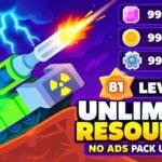 Tank Stars thumbnail showing a green tank firing, resource counters, and text reading “Level 81,” “Unlimited Resources,” and “No Ads Pack Unlocked.”