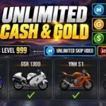 Traffic Rider thumbnail showing four premium bikes, resource counters, and text highlighting unlimited Cash, Gold, Skip Video, Player Level 999, and No Ads Pack.